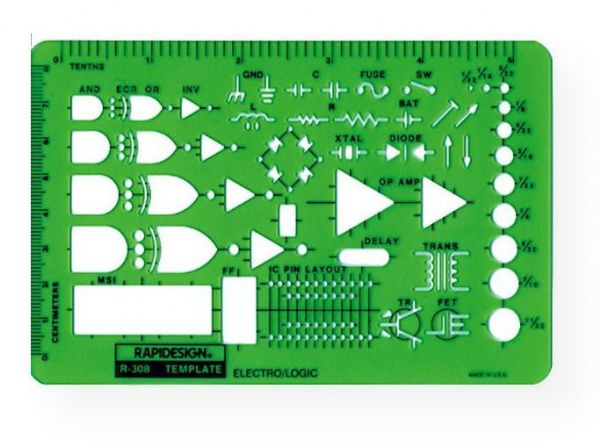 Rapidesign 308R Electro/Logic Template; Contains various sizes of gate and inverter symbols with selected combination of electronic symbols; Size: 5.75