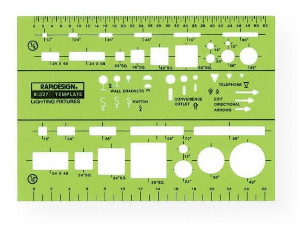 Rapidesign 327R Lighting Fixtures Template; Contains basic lighting fixtures used in the construction industry; Scales: .125