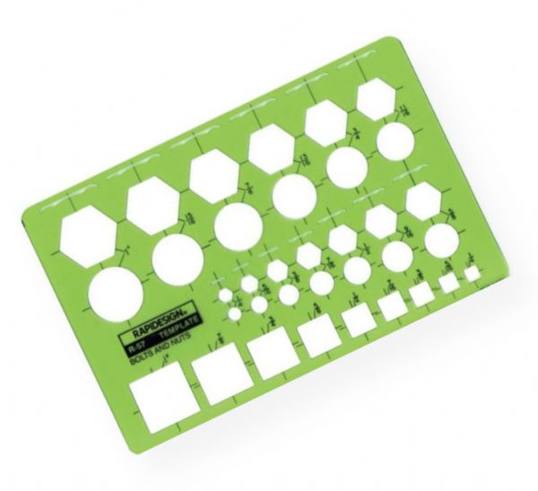 Rapidesign 57R Bolts & Nuts Template; Contains hexagons, circles, and squares; Size: 5