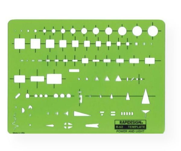 Rapidesign 62R Power and Light Template; Contains standard equipment symbols; Size: 5.5