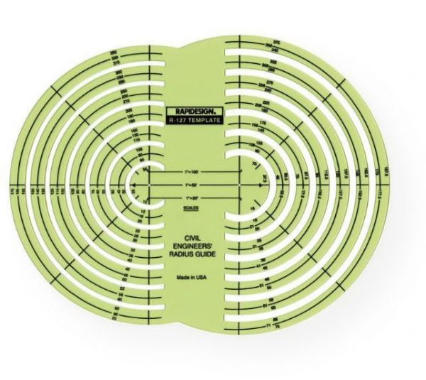 Rapidesign R127 Civil Engineer Radius Guide Template; A tool for drawing 26 circles, with an additional 12 radii for center locating; Three scales: 1