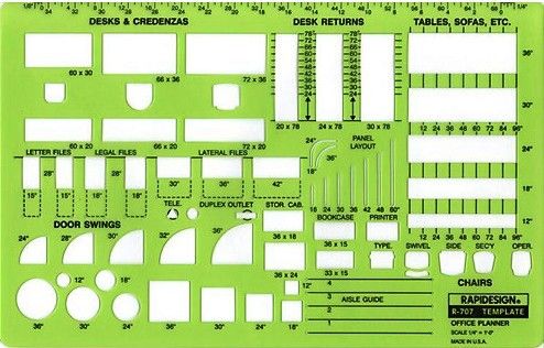 Rapidesign R-707 Office Planner, Planner template, Contains desks, credenzas, files, bookcases, tables and chairs, 0.25