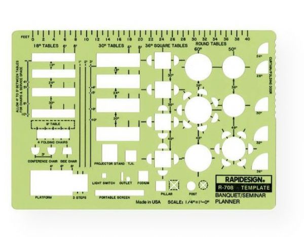Rapidesign R708 Banquet/Seminar/Conference Planner Template; Same symbols as No; 709R; Scale: 0.25
