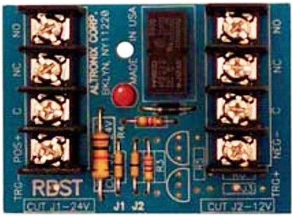 Altronix RBST Relay Module, 6VDC, 12VDC or 24VDC selectable operation, Coil draws 25mA, 2 amp/120VAC/28VDC DPDT contacts, Snap track mountable (order part # ST1), Dimensions (approximate): 2W x 2.75L x 1H (RB-ST RB ST)