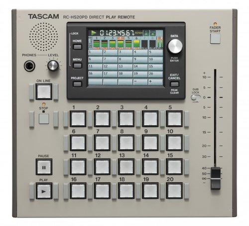 Tascam RC-HS20PD Remote Control for HS-8 and HS-2, Speaker (mono) Maximum output: 500 mW, PHONES connector: 6.3 mm (1/4) standard stereo jack, DC13V (provided by the main unit) Power voltage, (20) illuminated flash start keys, Color TFT touch screen interface, Transport and Online buttons recessed to prevent accidental operation, 100mm fader with fader start and 0dB lock, CAT6 connection to HS-8 and HS-2, 216 x 75.1 x 200 mm Dimensions, 1.4 kg/3.086 lb Weight,  (RCHS20PD RC-HS20PD)