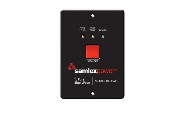 Samlex RC-15A Optional remote control for use with PST Series 600 and 1000 Watt inverter models; Remote push button on/off; LED indicators for overload, over temperature and power; Includes 15f  cable; 0.03 lbs; 3.54 x 2.54 x 1.1 in; Works with PST-600-12 PST-600-24 PST-1000-12 PST-1000-24 (RC15A RC 15A RC15)
