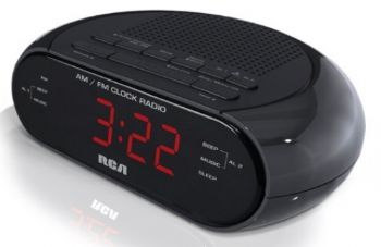 RCA RC205 AM/FM Alarm Clock, Compact nightstand design, Dual wake for multiple users, 0.6-inch red LED, AM/FM radio with presets, Sleep and Snooze functions, UPC 044476086519 (RC205 RC-205)
