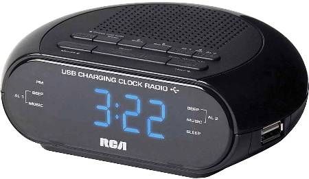 RCA RC207 USB Charging Clock Radio; Built-in USB charging: supports smartphones, eReaders and most tablets; Fits with iPad, iPhone and iPod; Works with Android; 0.6-inch blue LED; FM radio with presets; Dual wake for multiple users; Sleep and Snooze functions; Wake to radio or alarm; Battery back-up; UPC 044476086526 (RC-207 RC 207)