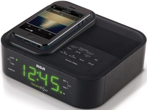 RCA RC250BK Soundflow Wireless Dock with Clock Radio; Large 0.9-in LED clock display; Just play a song on your smartphone and place it on the Soundmat; No pairing, no cables, no WiFi required; Compatible with virtually any mobile device with speakers; Built-in USB charging (supports most smartphones, eReaders and tablets); FM radio with presets; Dual wake, sleep, and snooze functions; UPC 044476104848 (RC-250BK RC 250BK RC250B RC250) 