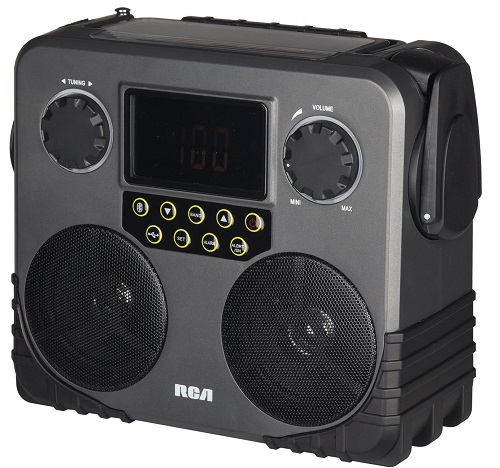 RCA RCAEP700WR 14-In-1 Multi-Function Jobsite AM/FM/NOAA Radio with Solar Charging and Bluetooth, Gray; Features Bluetooth connectivity, AM/FM/NOAA radio, and a headphone jack; Built-in flashlight and distress light; Solar panel, hand crank, and AC outlet power options; USB port for phone charging; Has digital clock, temperature, and calendar; UPC 044476119224 (RCAEP700WR RCAEP700WR)
