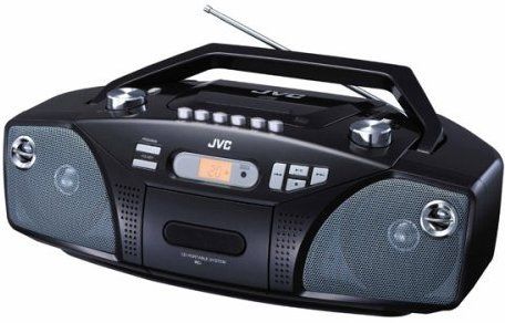 JVC RC-EZ31 Portable 4-watt Boombox with CD Player, Cassette Deck, and AM/FM Tuner, Supports CD, CD-R, CD-RW, and cassette playback; 1-bit digital-to-analog converter, 20-track programming, random play, and CD synchro-start recording; headphone jack, 10 FM and 10 AM presets; easy-to-read backlit LCD display, Runs on batteries or AC power (RC EZ31 RCEZ31)
