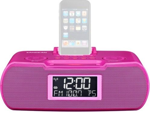Sangean RCR-10 PK FM-RBDS/AM/Aux-in Digital Tuning Atomic Clock Radio, Pink, FM/AM Stereo Digital Tuning Stereo, 10 Memory Preset Stations (5 FM, 5 AM), iPod Cradle Plays and Charges iPod, Comprehensive iPod Dock Adjuster, Easy to Read LCD Display with Adjustable Backlight, Atomic WWVB Radio Controlled Clock Radio, UPC 729288059615 (RCR10PK RCR-10PK RCR-10-PK RCR10-PK RCR10 RCR 10)