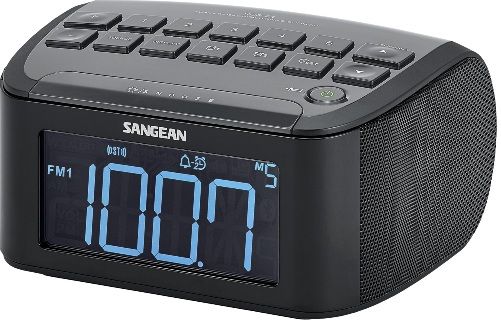 Sangean RCR-24 FM/AM/Aux-in Digital Tuning Clock Radio, Black, 15 Station Presets (10 FM, 5 AM), Display Dimmer Adjustment, Easy to Read LCD Display, Set Clock Manually, Adjustable Tuning Step, 2 Alarm Timer by Radio or Buzzer, HWS (Humane Wake System) Buzzer and Radio, Settable Alarm Volume, Snooze Timer, Adjustable Sleep Timer, UPC 729288029335 (RCR24 RCR 24 RC-R24)