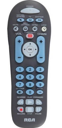 RCA RCR314WR 3 device universal remote; Controls TV, satellite receiver/cable box/streaming player, and DVD/VCR/DVR; Perfect universal remote for streaming player setups; Large keys for ease of use; Replaces or consolidates most major remote brands; Partially backlit, so you can see the keys in the dark; Controls 3 devices; Simple device setup; Limited lifetime warranty; UPC 044476103360 (RCR-314WR RCR-314WR)