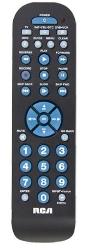 RCA RCR3273R 3 device universal remote; Expanded DVR capability; Controls TV; satellite or cable or digital converter box; DVD or VCR; Ergonomic, thin design; Auto code search; Manual code searches and direct code entry; Volume and transport key punch through; Requires 2 AAA batteries (sold separately); UPC 079000337027 (RCR3273R RCR-3273R)
