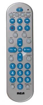 RCA RCR4358R 4 Device Big Button Universal Remote - Silver, Big button remote, Controls TV; satellite or cable or digital converter box; DVD or VCR; DVR or AUX, Auto code search, Manual code searches and direct code entry, Menu support, Volume and transport key punch through, Requires 2 AAA batteries (sold separately), Limited lifetime warranty, UPC 079000337393 (RCR4358R RCR-4358R) 
