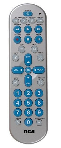 RCA RCR4358R 4 Device Big Button Universal Remote - Silver, Big button remote, Controls TV; satellite or cable or digital converter box; DVD or VCR; DVR or AUX, Auto code search, Manual code searches and direct code entry, Menu support, Volume and transport key punch through, Requires 2 AAA batteries (sold separately), Limited lifetime warranty, UPC 079000337393 (RCR4358R RCR-4358R)