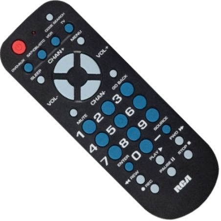 RCA RCR504BR Four Device Universal Remote, Black, Controls up to 4 home theater components, Easy-to-use keys with multi-colored keypad, Enables direct access to HD over-the-air digital sub-channels (like 59.1); Keys for TV, DVD or auxiliary component, VCR, and satellite receiver, cable box, or digital TV converter; UPC 044476083754 (RCR-504BR RCR 504BR RCR504-BR RCR504 BR)  