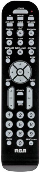 RCA RCR6473 Six Device Universal Remote, Controls TV, SAT/CBL/DTC, DVD, DVR/AUX1, AUDIO, VCR/AUX2 with expanded DVD and DVR capabilities, Ergonomic, thin design, Auto/Brand/manual code searches and direct code entry, Menu and guide support, Volume and transport key punch through (RCR6473 RCR-6473 RCR 6473)