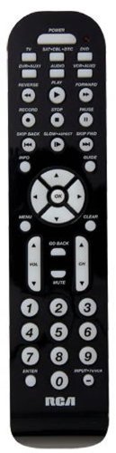 RCA RCR6473R 6 Device Black Universal Remote With Contemporary Design; Expanded DVR and DVR capabilities; Device mode indicators; Controls TV, satellite or cable or digital converter box, DVD, DVR or AUX1, VCR or AUX2, and AUDIO; Ergonomic, thin design; Auto code search; Manual code searches and direct code entry; Menu support; Guide support; Auto code search; Aspect ratio; Skip forward; Skip backward; Requires 2 AAA batteries (sold separately); UPC 044476046223 (RCR6473R RCR-6473R)