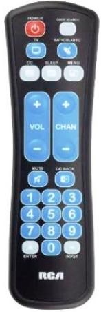 RCA RCRHM02BR Two Device Clean Shield Remote; Oversized, easy-to-use keys; Easy to clean with outer membrane; Master power (turns both devices on/off); Controls TV, SAT/CBL/DTC; Simple setup; Direct code entry; Digital sub-channel capability (like 59.1); Menu function; Sleep, Input, and Go Back keys; Closed captioning; Requires 2 AAA batteries (sold separately); UPC 044476104480 (RC-RHM02BR RCR-HM02BR RCRH-M02BR RCRHM-02BR)