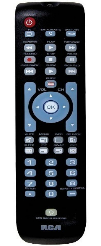 RCA RCRN03BR 3-Device Universal Remote; Partially backlit keypad makes most used keys easy to find; Simplifies device setup with automatic, brand, manual and direct code search methods; Expanded DVD and DVR capabilities; Ergonomic, thin design; Menu and Guide support; UPC 044476068713 (RCRN03BR)