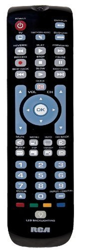 RCA RCRN04GR 4-Device Universal Remote; Green backlit keypad makes remote easy to see in any light; Red, blue, yellow and green keys access advanced cable, satellite or Blu-ray functions; Simplifies device setup with automatic, brand, manual and direct code search methods; Expanded DVD and DVR capabilities; Ergonomic, thin design; Controls TV, SAT/CBL/DTC, DVD/VCR, DVR/AUX; Menu and Guide support; Volume and transport key punch-through; Channel lock; UPC 044476068720 (RCRN04GR RCR-N04GR)