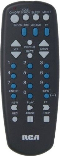 RCA RCU403R Three Device Universal Remote, Controls TV; SAT, cable or digital TV converter; DVD or VCR, Easy to use channel and volume keys, Code search key launches automatic code search, Simple device setup with automatic brand, manual and direct code search methods, Dash (-) key for access to digital TV channels (like 59.1), Supports digital TV converter boxes (RCU-403R RCU 403R RCU403)