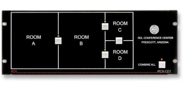 RDL RDL-RCXCD1 Remote Control for RCX-5C Room Combiner; Semi custom design shows room layout; Visual button layout for easy training and operation; Remote control panel for RCX-5C controller; Rack mounts, or wall mounts with optional bezel; Optional key switch available to lock out controls (RCX-CD1L); Shipping Dimensions 19.00