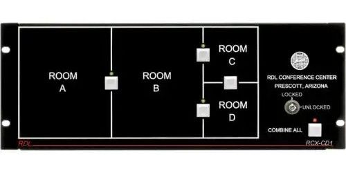 RADIODESIGNLABSRCXCD1L Remote Control for RCX-5C Room Combiner; Visual button layout for easy training and operation; Remote control panel for RCX-5C controller; Rack mounts, or wall mounts with optional bezel; Optional key switch available to lock out controls (RCX-CD1L); UPC 813721016416 (RADIODESIGNLABSRCXCD1L DEVICE CONTROL PANEL RACK)