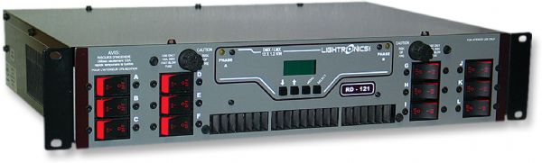 Lightronics RD-121 Rack Mount Dimmer, 12 Channels, 1200 Watts per Channel, Remote Activated Scene, DMX-512 and LMX-128 Control, UL-508 Compliant, Stand Alone Chaser Functions, 2 HOTS of 120VAC Single/Three Phase 60 Amps per Hot Input Under Full Load, 10 Amp Fast Acting Circuit Breakers, 350 Microseconds Minimum Rise Time Filtering (RD121 RD 121)