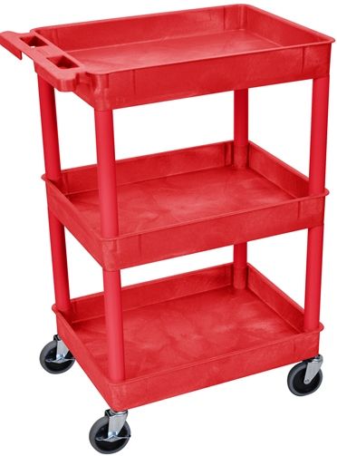 Luxor RDSTC111RD Tub Cart with 2 Shelves, Red; Made of high density polyethylene structural foam molded plastic shelves and legs that won't stain, scratch, dent or rust; Retaining lip around the back and sides of flat shelves; Includes four heavy duty 4