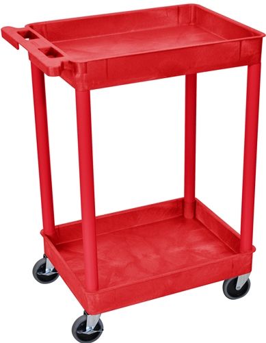 Luxor RDSTC11RD Tub Cart with 2 Shelves, Red; Made of high density polyethylene structural foam molded plastic shelves and legs that won't stain, scratch, dent or rust; Retaining lip around the back and sides of flat shelves; Includes four heavy duty 4