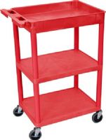 Luxor RDSTC122RD Top & Flat Middle/Bottom Shelf Cart with 3 Shelves, Red; Made of high density polyethylene structural foam molded plastic shelves and legs that won't stain, scratch, dent or rust; Retaining lip around the back and sides of flat shelves; Includes four heavy duty 4" casters, two with brake; Has a push handle molded into the top shelf; UPC 847210007586 (RD-STC122RD RDS-TC122RD RDST-C122RD RDSTC-122RD) 