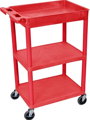 Luxor RDSTC122RD Top & Flat Middle/Bottom Shelf Cart with 3 Shelves, Red; Made of high density polyethylene structural foam molded plastic shelves and legs that won't stain, scratch, dent or rust; Retaining lip around the back and sides of flat shelves; Includes four heavy duty 4