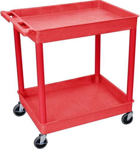Luxor RDTC11RD Large Tub Cart with 2 Shelves, Red; Made of high density polyethylene structural foam molded plastic shelves and legs that won't stain, scratch, dent or rust; Retaining lip around the back and sides of flat shelves; Includes four heavy duty 4