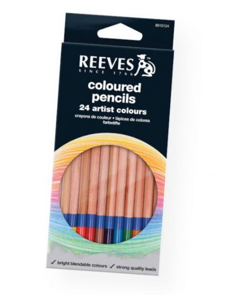 Reeves 8910124 Colored Pencil Set of 24; Premium quality colored pencils offer an extremely strong 3.8mm diameter lead; Formulated to offer excellent smooth color laying properties and color brilliance; Easily blended to obtain different shades; Strong leads will not break when sharpened and last longer under heavy marking and drawing pressure; UPC 780804310108 (REEVES8910124 REEVES-8910124 DRAWING)