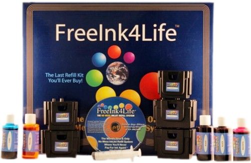 FreeInk4Life REFILLSYSTEM Refill System, Refill the inkjet cartridges you already own over and over again with this kit, Interactive CD-Rom gives step-by-step detailed instructions on how to refill over 450 different types of cartridges from different manufacturers, 5 easy to use refill stations are compatible with all the leading manufacturer cartridges, UPC 833838001020 (REFILL-SYSTEM REFILLSYSTEM Free Ink 4 Life)