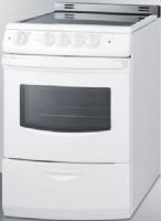 Summit REX242WRT Wide 24" Electric Range with Low 'Slide-in' Backguard and Storage Drawer, White Finish, 3.0 cu.ft. Capacity, Smooth ceramic glass top, Backsplash, Oven window with light, Digital clock and timer, Waist-high broiler, Upfront controls, Four cooking zones, Color matched knobs & handle, Indicator lights, Safety brake system for oven racks, UPC 761101040554 (REX-242WRT REX 242WRT REX242W REX242) 