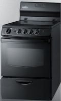 Summit REX243B Wide 24" Electric Range with Lower Storage Drawer, Oven Window and Digital Clock, Black Finish, 3.0 cu.ft. Capacity, Smooth ceramic glass top, Backsplash, Oven window with light, Waist-high broiler, Upfront controls, Four cooking zones, Color matched knobs & handle, Indicator lights, Safety brake system for oven racks (REX-243B REX 243B REX243) 