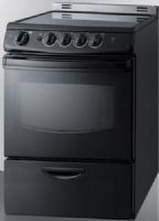 Summit REX243BRT Wide 24" Electric Range with Low 'Slide-in' Backguard and Storage Drawer, Black Finish, 3.0 cu.ft. Capacity, Smooth ceramic glass top, Oven window with light, Waist-high broiler, Upfront controls, Four cooking zones, Color matched knobs & handle, Indicator lights, Safety brake system for oven racks, Push-to-turn knobs (REX-243BRT REX 243BRT REX243B REX243) 
