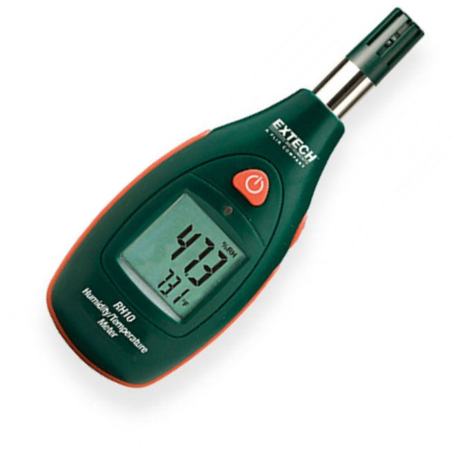 Extech RH10 Pocket Series Hygro Thermometer; Measures relative humidity from 0 to 100 percent RH; Measures temperature from -4 to 140 degrees Fahrenheit (-20 to 60 degrees Celsius); Pocket sized housing with easy one button operation; Large, backlit LCD display; Double molded side grip; UPC 793950440117 (RH10 RH-10 THERMOMETER-RH10 EXTECHRH10 EXTECH-RH10 EXTECH-RH-10)