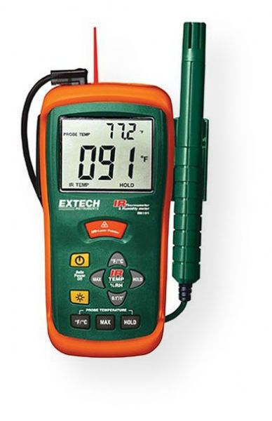 Extech RH101 Combination Humidity Meter and Infrared Thermometer; Item is a Class II laser product, 1mW power output; Combination humidity meter plus IR thermometer features a large backlit dual display; Weight 2 pounds; Dimensions 5.9 x 3.0 x 1.6 inches; UPC 793950441015 (EXTECHRH101 RH-101 RH/101 TESTER MEASSURE ENGINEERING CENTIGRADES RESEARCH)