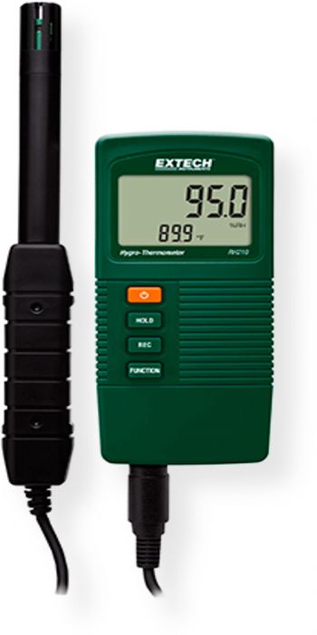 Extech RH210 Compact Hygro Thermometer; Compact design features large dual display of Temperature and Humidity or Dew Point; Uses precision capacitance sensor; Min Max function stores and recalls highest and lowest readings; Data Hold function freezes reading on display; UPC 793950441022 (RH210 RH-210 THERMOMETER-RH210 EXTECHRH210 EXTECH-RH210 EXTECH-RH-210)