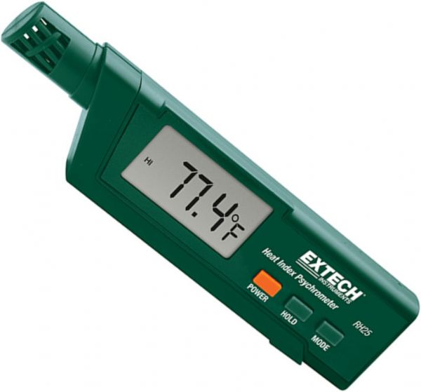 Extech RH25 Heat Index Psychrometer; Built-in multiparameter sensor measures; Heat Index, Wet Bulb Globe Temperature (WGBT), Humidity, Ambient Temperature, Temperature, Dew Point and Wet Bulb; User Programmable Heat Index/WBGT alarm; MIn/Max/Average; Data Hold; Auto Power Off with disable; UPC 793950440254 (RH-25 RH 25)
