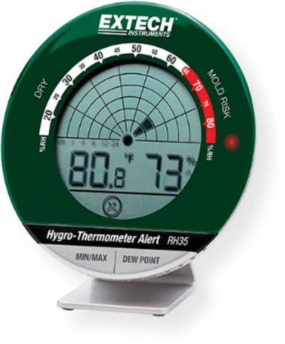 Extech RH35 Desktop Hygro Thermometer Alert; Innovative graphical display shows the measured humidity values of the last 24 hours like a radar screen; Large, easy to read LCD displays percent Relative Humidity, Indoor Temperature and Dew Point; Humidity range 10 to 99 percent RH; UPC 793950440353 (RH35 RH-35 THERMOMETER-RH35 EXTECHRH35 EXTECH-RH35 EXTECH-RH-35)