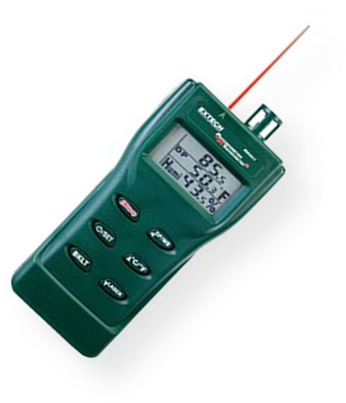 Extech RH401 Psychrometer + InfraRed Thermometer, Triple display with backlighting, Calculates T1 (IR Surface Temperature) - DP (Dew Point) differential, Precision humidity capacitance sensor is retractable for protection during transportation and storage, Programmable Auto power off and Low battery indication, UPC 793950444016 (RH-401 RH 401)