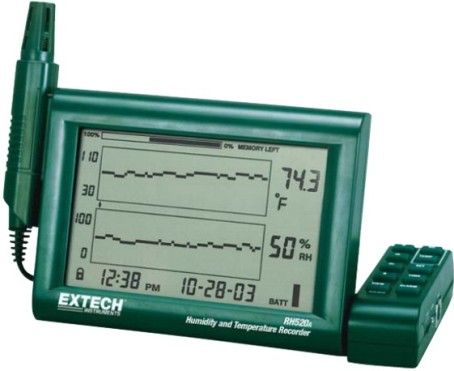 Extech RH520A-NIST Humidity+Temperature Chart Recorder with NIST Certificate; Simultaneous numerical and graphical display of Humidity and Temperature readings, plus Time and Date; Measures Humidity (10 to 95 percent RH) and Temperature (-20.0  to 140.0 degrees fahrenheit) plus calculates Dew Point; Large dual graphical LCD displays with adjustable vertical and horizontal TAC resolution; UPC: 793950445525 (EXTECHRH520ANIST EXTECH RH520A-NIST THERMOMETER CERTICATE)