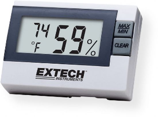 Extech RHM15 Mini Hygro Thermometer Monitor; Measuring ranges Temperature 14 to 140 degrees Fahrenheit, Humidity 10 percent to 99 percent RH; Simultaneous display of Temperature and Humidity; Built in memory stores Min Max readings; Low battery indication; UPC 793950441503 (RHM15 RHM-15 THERMOMETER-RHM15 EXTECHRHM15 EXTECH-RHM15 EXTECH-RHM-15)