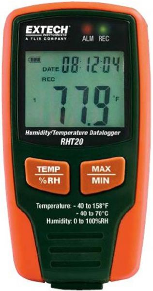 Extech RHT20 Humidity/Temperature Datalogger, USB interface for easy setup and data download, Selectable data sampling rate 1 second to 24 hours, User-programmable alarm thresholds for RH and Temperature, LCD displays current readings, Min/Max, and alarm status, Long battery life, 16,000 points Temperature; 16000 points Relative Humidity Memory, UPC 793950440209 (RHT-20 RHT 20)